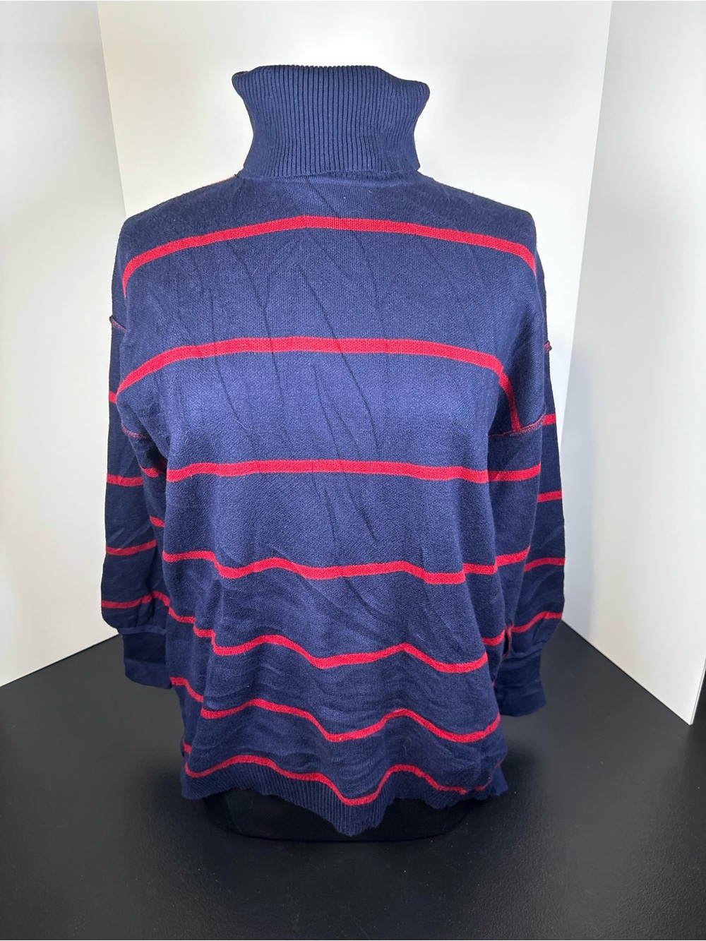 Olive & Oak Navy Turtleneck Sweater with Red Stripes